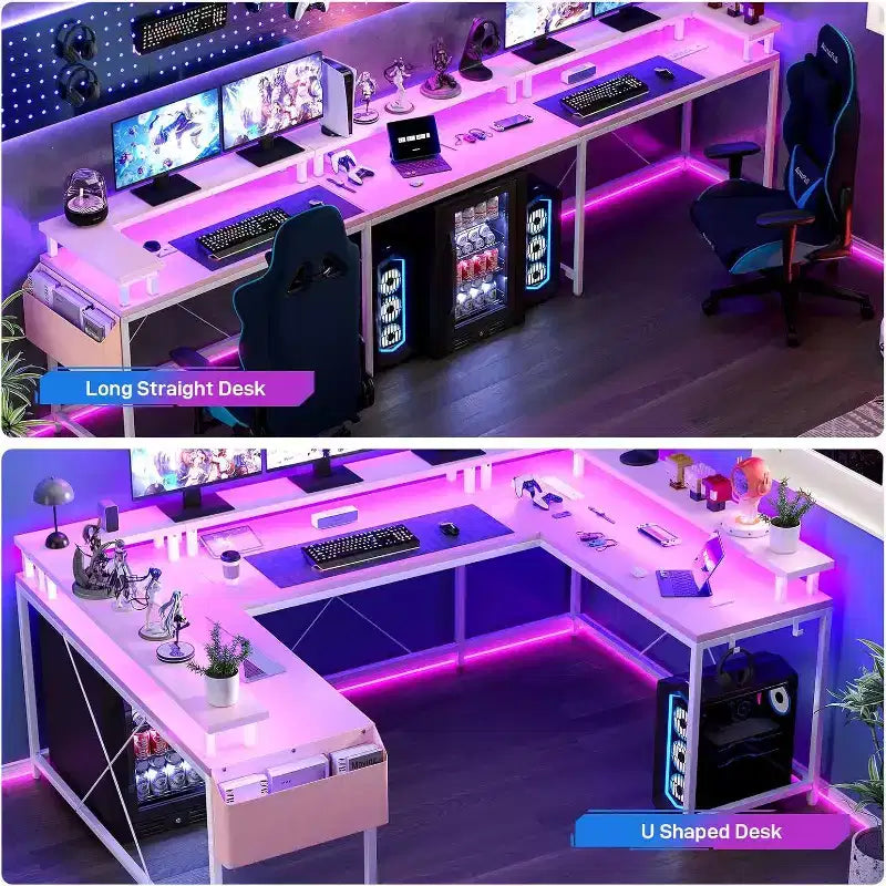 Scrivania da Gaming a U, con Luci a LED e Prese di Corrente, Scrivania ad Angolo con Ripiani Contenitori, per Ufficio Domestico