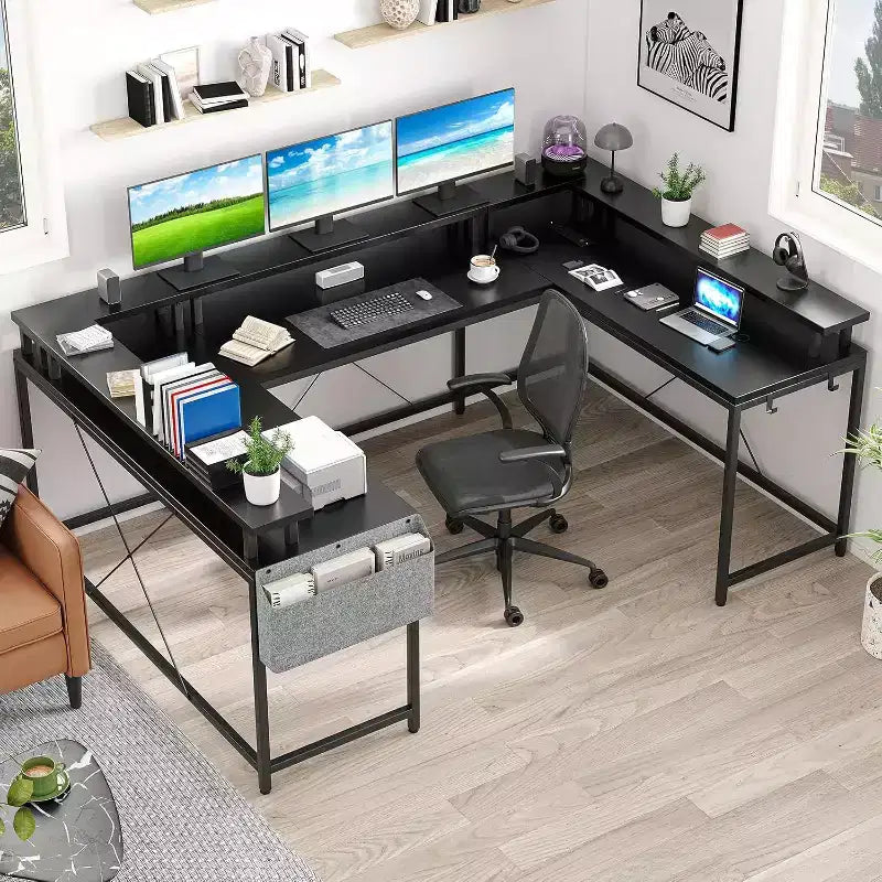Scrivania da Gaming a U, con Luci a LED e Prese di Corrente, Scrivania ad Angolo con Ripiani Contenitori, per Ufficio Domestico