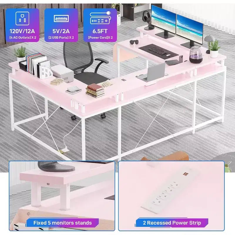 Scrivania da Gaming a U, con Luci a LED e Prese di Corrente, Scrivania ad Angolo con Ripiani Contenitori, per Ufficio Domestico