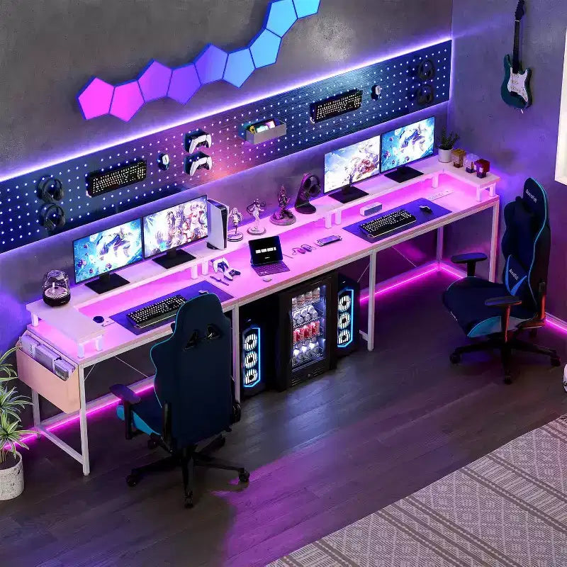 Scrivania da Gaming a U, con Luci a LED e Prese di Corrente, Scrivania ad Angolo con Ripiani Contenitori, per Ufficio Domestico
