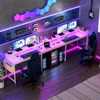 Scrivania da Gaming a U, con Luci a LED e Prese di Corrente, Scrivania ad Angolo con Ripiani Contenitori, per Ufficio Domestico