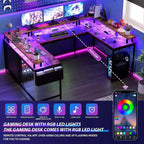 Scrivania da Gaming a U, con Luci a LED e Prese di Corrente, Scrivania ad Angolo con Ripiani Contenitori, per Ufficio Domestico