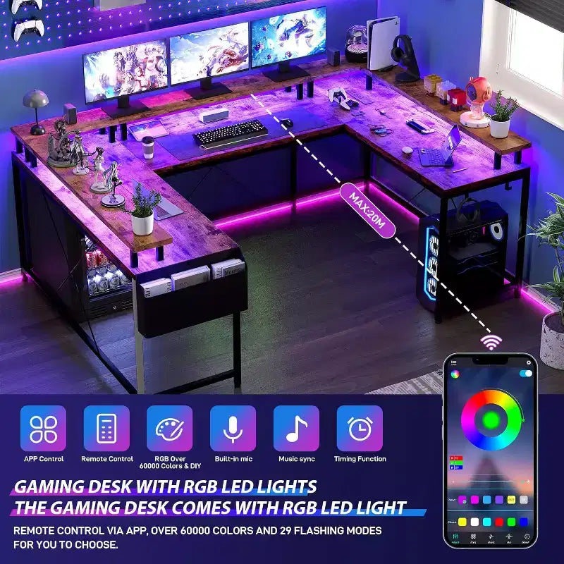 Scrivania da Gaming a U, con Luci a LED e Prese di Corrente, Scrivania ad Angolo con Ripiani Contenitori, per Ufficio Domestico