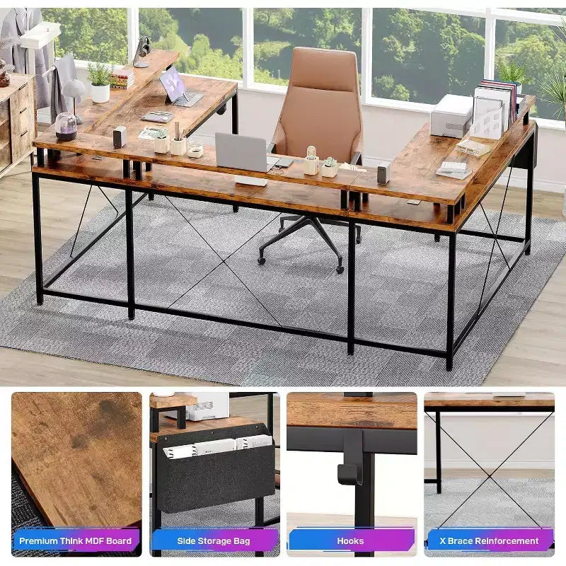 Scrivania da Gaming a U, con Luci a LED e Prese di Corrente, Scrivania ad Angolo con Ripiani Contenitori, per Ufficio Domestico