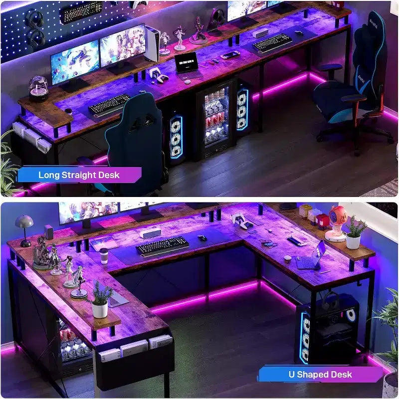 Scrivania da Gaming a U, con Luci a LED e Prese di Corrente, Scrivania ad Angolo con Ripiani Contenitori, per Ufficio Domestico