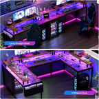 Scrivania da Gaming a U, con Luci a LED e Prese di Corrente, Scrivania ad Angolo con Ripiani Contenitori, per Ufficio Domestico