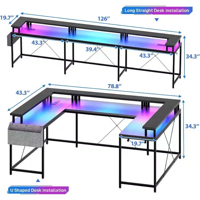 Scrivania da Gaming a U, con Luci a LED e Prese di Corrente, Scrivania ad Angolo con Ripiani Contenitori, per Ufficio Domestico