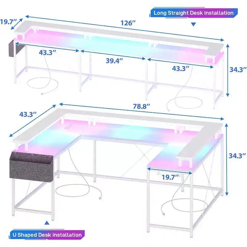 Scrivania da Gaming a U, con Luci a LED e Prese di Corrente, Scrivania ad Angolo con Ripiani Contenitori, per Ufficio Domestico