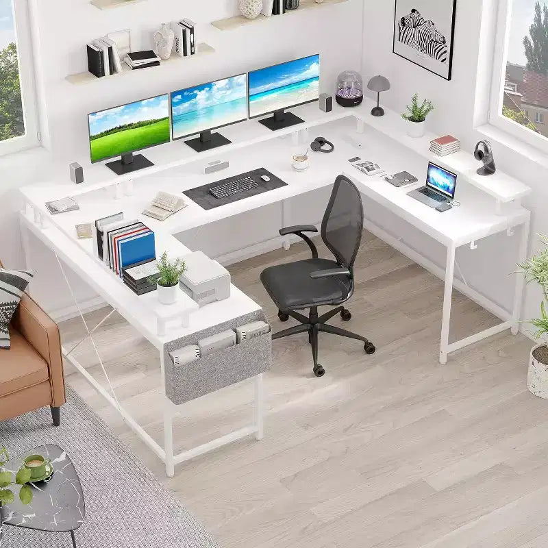 Scrivania da Gaming a U, con Luci a LED e Prese di Corrente, Scrivania ad Angolo con Ripiani Contenitori, per Ufficio Domestico