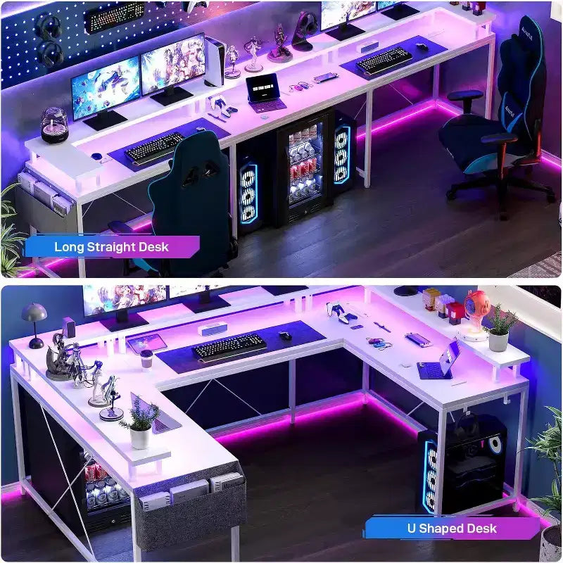 Scrivania da Gaming a U, con Luci a LED e Prese di Corrente, Scrivania ad Angolo con Ripiani Contenitori, per Ufficio Domestico