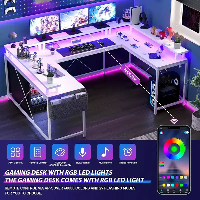 Scrivania da Gaming a U, con Luci a LED e Prese di Corrente, Scrivania ad Angolo con Ripiani Contenitori, per Ufficio Domestico