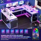 Scrivania da Gaming a U, con Luci a LED e Prese di Corrente, Scrivania ad Angolo con Ripiani Contenitori, per Ufficio Domestico