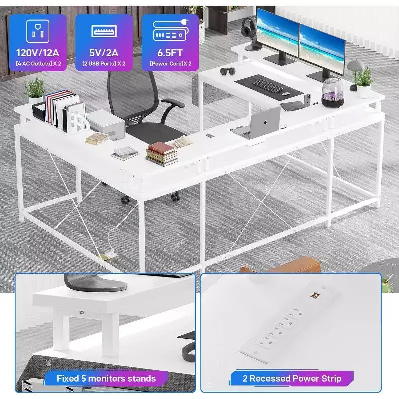 Scrivania da Gaming a U, con Luci a LED e Prese di Corrente, Scrivania ad Angolo con Ripiani Contenitori, per Ufficio Domestico