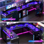 Scrivania da Gaming a U, con Luci a LED e Prese di Corrente, Scrivania ad Angolo con Ripiani Contenitori, per Ufficio Domestico