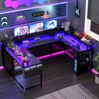 Scrivania da Gaming a U, con Luci a LED e Prese di Corrente, Scrivania ad Angolo con Ripiani Contenitori, per Ufficio Domestico