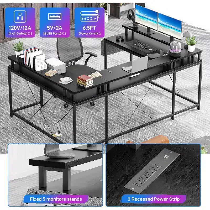 Scrivania da Gaming a U, con Luci a LED e Prese di Corrente, Scrivania ad Angolo con Ripiani Contenitori, per Ufficio Domestico