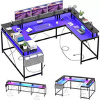U Shaped Computer Gaming Desk,with LED Lights & Power Outlets,Corner Computer Desk with Storage Shelves,for Home Office