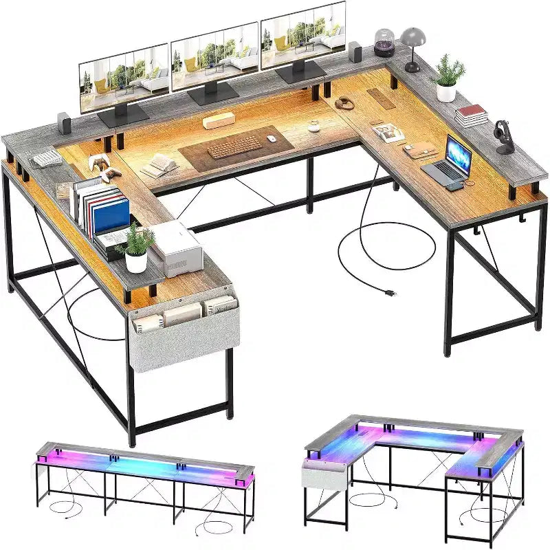 Scrivania da Gaming a U, con Luci a LED e Prese di Corrente, Scrivania ad Angolo con Ripiani Contenitori, per Ufficio Domestico