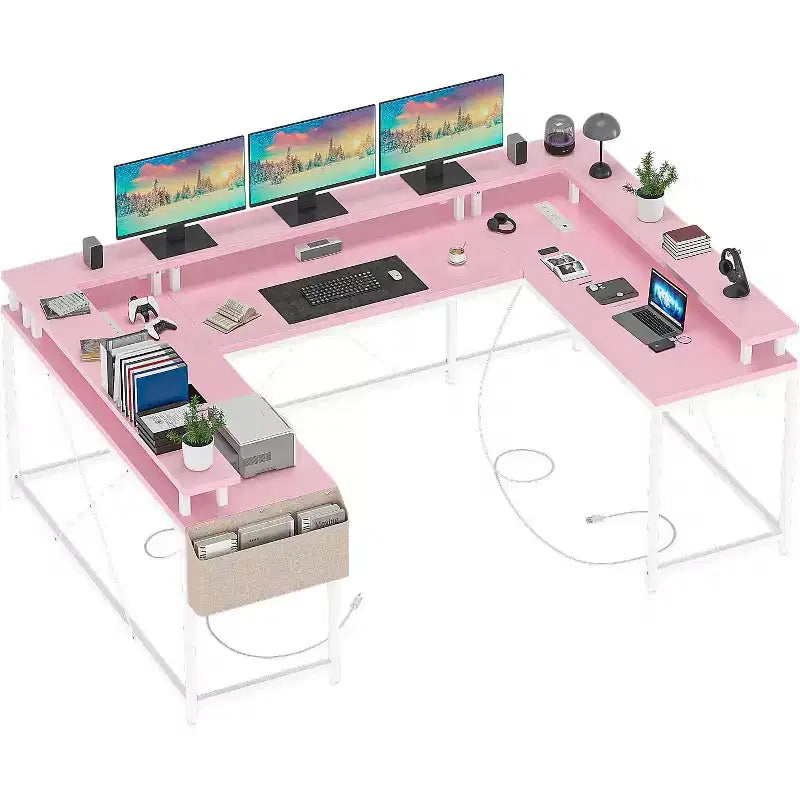 Scrivania da Gaming a U, con Luci a LED e Prese di Corrente, Scrivania ad Angolo con Ripiani Contenitori, per Ufficio Domestico