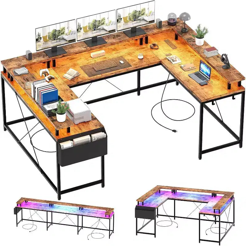 Scrivania da Gaming a U, con Luci a LED e Prese di Corrente, Scrivania ad Angolo con Ripiani Contenitori, per Ufficio Domestico