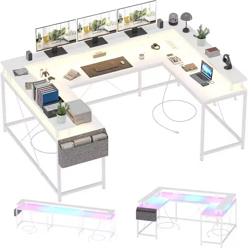 Scrivania da Gaming a U, con Luci a LED e Prese di Corrente, Scrivania ad Angolo con Ripiani Contenitori, per Ufficio Domestico