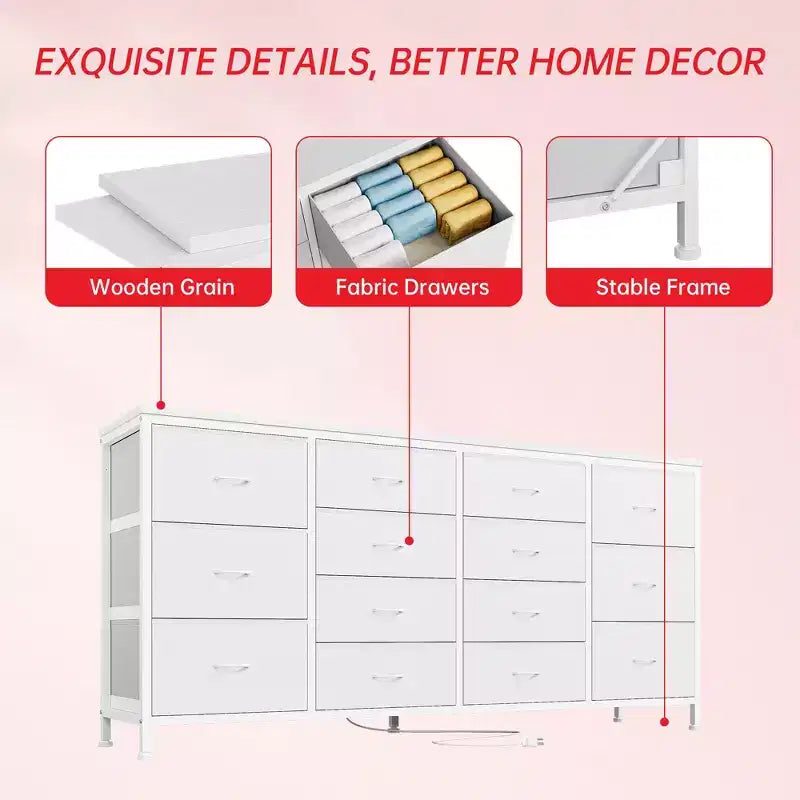 COZONY Mobile TV in tessuto a 14 cassetti, mobile lungo per l'intrattenimento con contenitore per soggiorno, camera da letto, ingresso