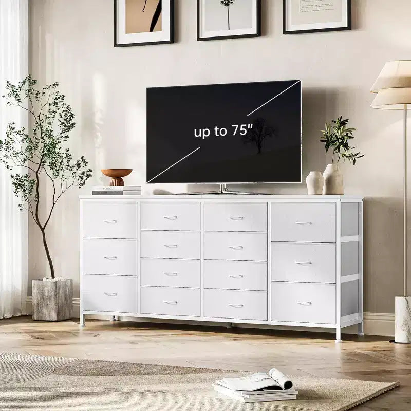 COZONY Mobile TV in tessuto a 14 cassetti, mobile lungo per l'intrattenimento con contenitore per soggiorno, camera da letto, ingresso