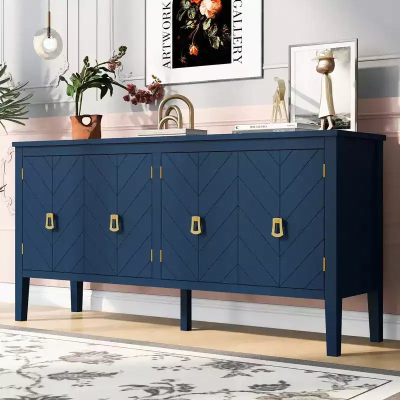Credenza a quattro ante Clihome da 63 pollici, design a motivi geometrici con maniglie vintage, tavolo stretto da ingresso con gamba centrale
