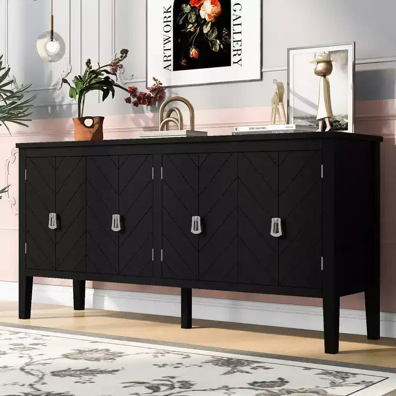 Credenza a quattro ante Clihome da 63 pollici, design a motivi geometrici con maniglie vintage, tavolo stretto da ingresso con gamba centrale