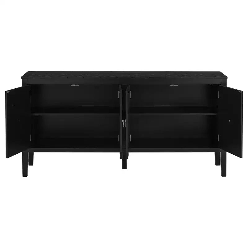 Credenza a quattro ante Clihome da 63 pollici, design a motivi geometrici con maniglie vintage, tavolo stretto da ingresso con gamba centrale