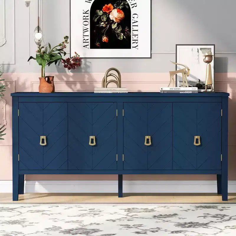 Credenza a quattro ante Clihome da 63 pollici, design a motivi geometrici con maniglie vintage, tavolo stretto da ingresso con gamba centrale
