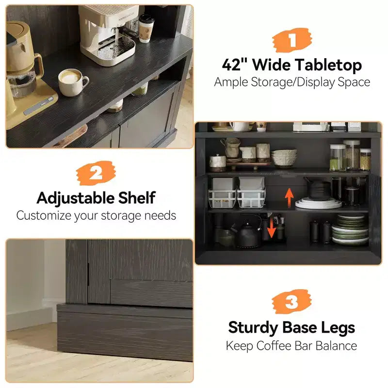 Armadietto da Bar per Caffè Alto 183 cm, Buffet con Vano Contenitore, Credenza da Cucina Stile Fattoria, Mobile Alto per Caffè con Ripiano per Microonde/Portabottiglie/Mensola in Vetro
