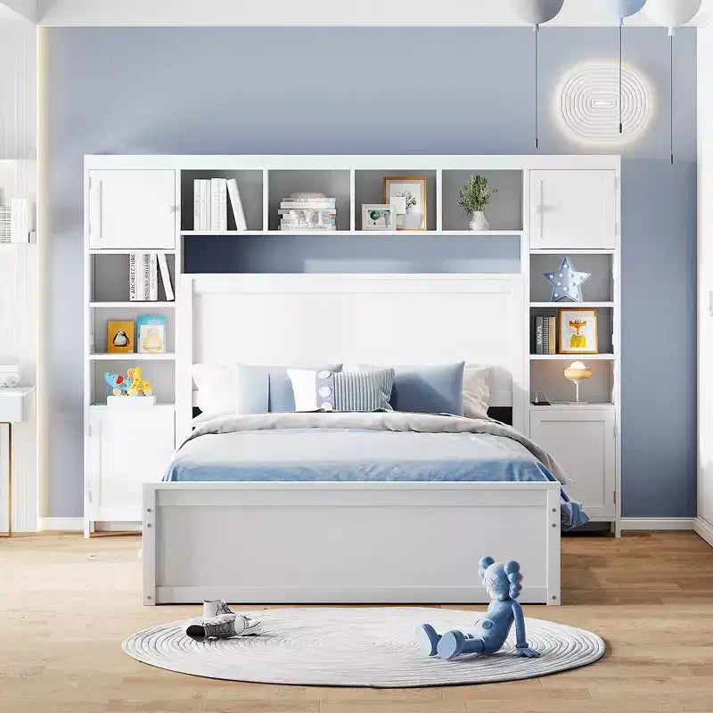Bellemave Full Size Wooden Bed With All-in-One Cabinet, Shelf and Sockets,Twin Size Trundle, White