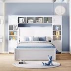 Bellemave Full Size Wooden Bed With All-in-One Cabinet, Shelf and Sockets,Twin Size Trundle, White