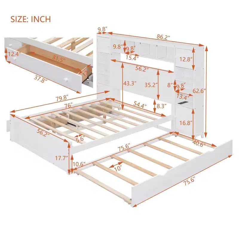 Bellemave Letto Matrimoniale in Legno con Mobiletto Tutto-in-uno, Ripiano e Prese, Letto Estraibile Singolo, Bianco