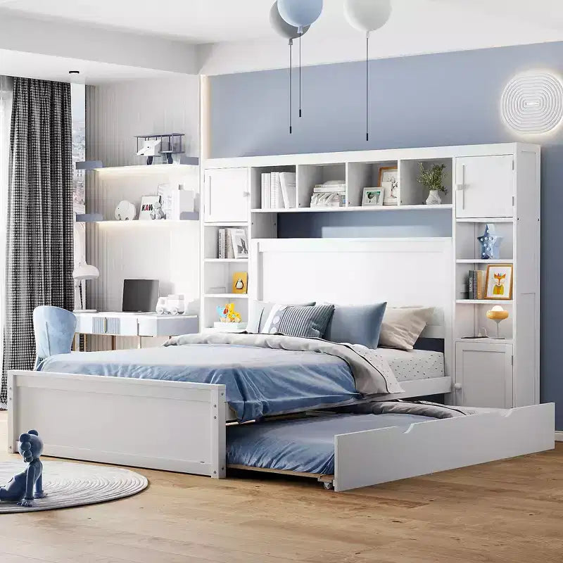 Bellemave Letto Matrimoniale in Legno con Mobiletto Tutto-in-uno, Ripiano e Prese, Letto Estraibile Singolo, Bianco