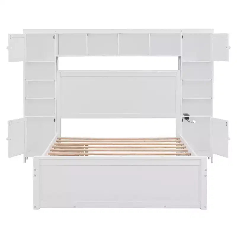 Bellemave Letto Matrimoniale in Legno con Mobiletto Tutto-in-uno, Ripiano e Prese, Letto Estraibile Singolo, Bianco