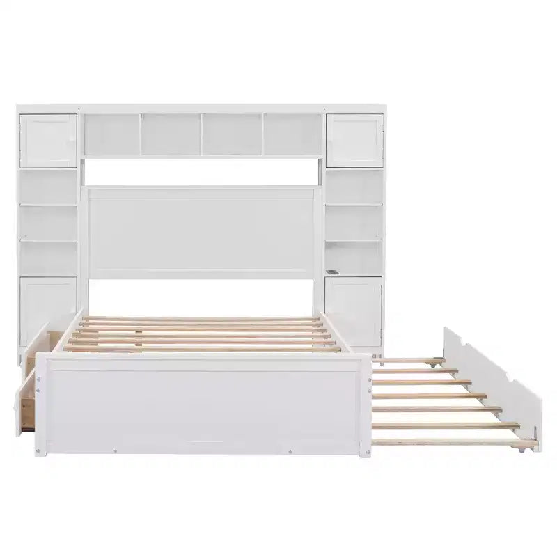 Bellemave Letto Matrimoniale in Legno con Mobiletto Tutto-in-uno, Ripiano e Prese, Letto Estraibile Singolo, Bianco