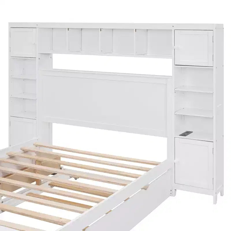 Bellemave Letto Matrimoniale in Legno con Mobiletto Tutto-in-uno, Ripiano e Prese, Letto Estraibile Singolo, Bianco