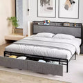 King Bed Frame with Storage Drawers & USB Charging Station, Upholstered Platform Bed