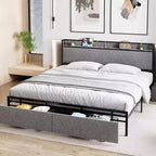King Bed Frame with Storage Drawers & USB Charging Station, Upholstered Platform Bed