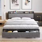 Letto King Size con Cassetti Contenitore e Stazione di Ricarica USB, Letto Imbottito con Piattaforma