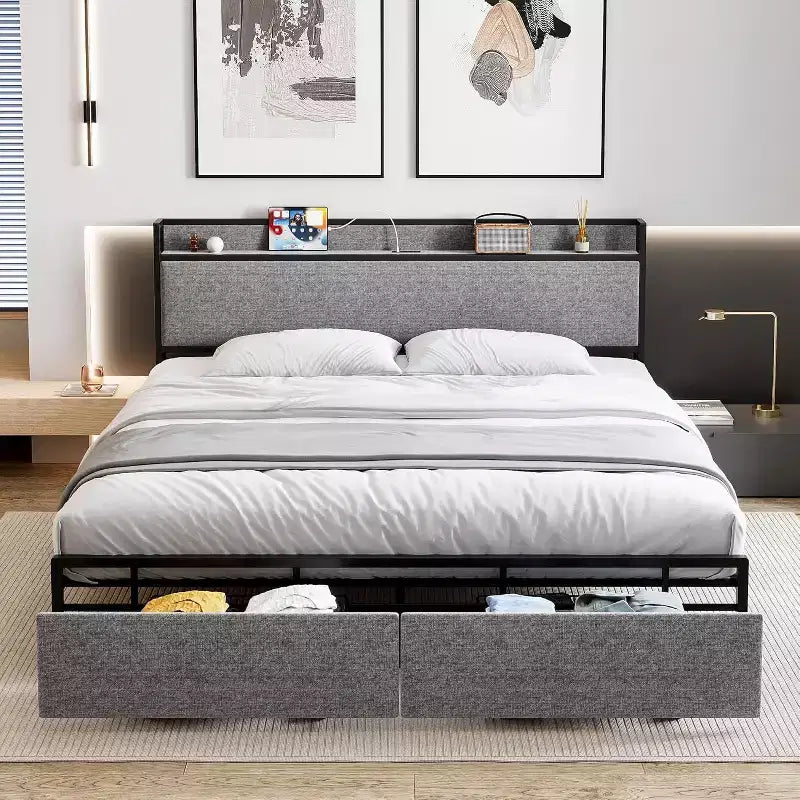Letto King Size con Cassetti Contenitore e Stazione di Ricarica USB, Letto Imbottito con Piattaforma