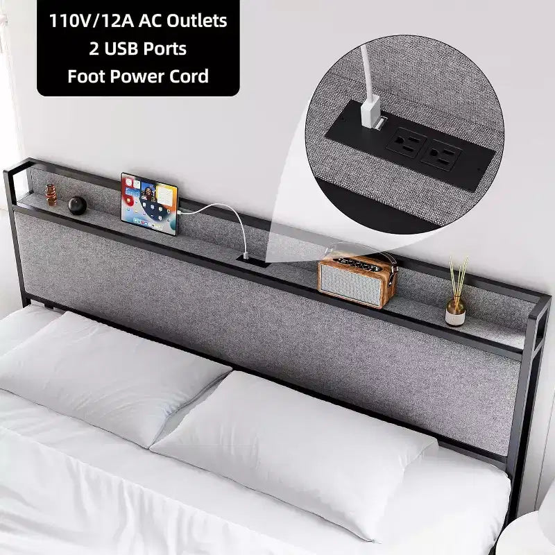 Letto King Size con Cassetti Contenitore e Stazione di Ricarica USB, Letto Imbottito con Piattaforma