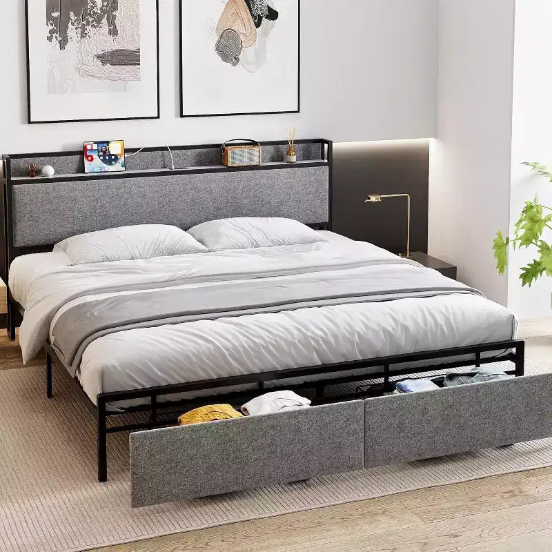 Letto King Size con Cassetti Contenitore e Stazione di Ricarica USB, Letto Imbottito con Piattaforma