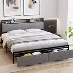 Letto King Size con Cassetti Contenitore e Stazione di Ricarica USB, Letto Imbottito con Piattaforma