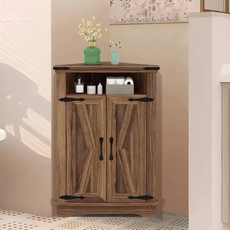 Mobile angolare da bagno per fattoria con anta scorrevole a granaio e ripiano regolabile, armadietti contenitori per bagno, cucina, soggiorno