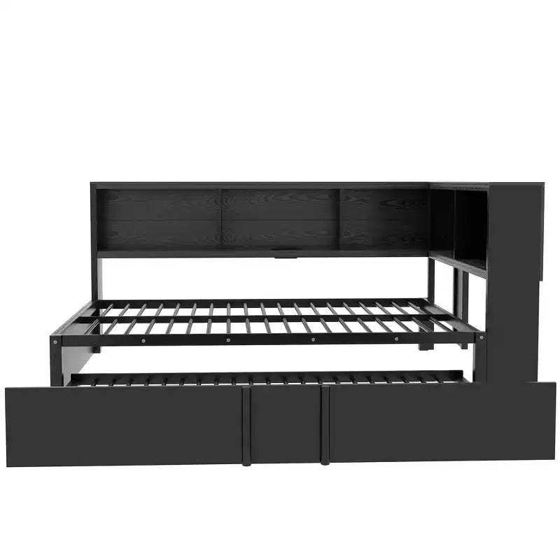 Divano letto matrimoniale con rotelle ed libreria, divano letto a L con porte USB, letto ad angolo matrimoniale in legno con testiera portaoggetti