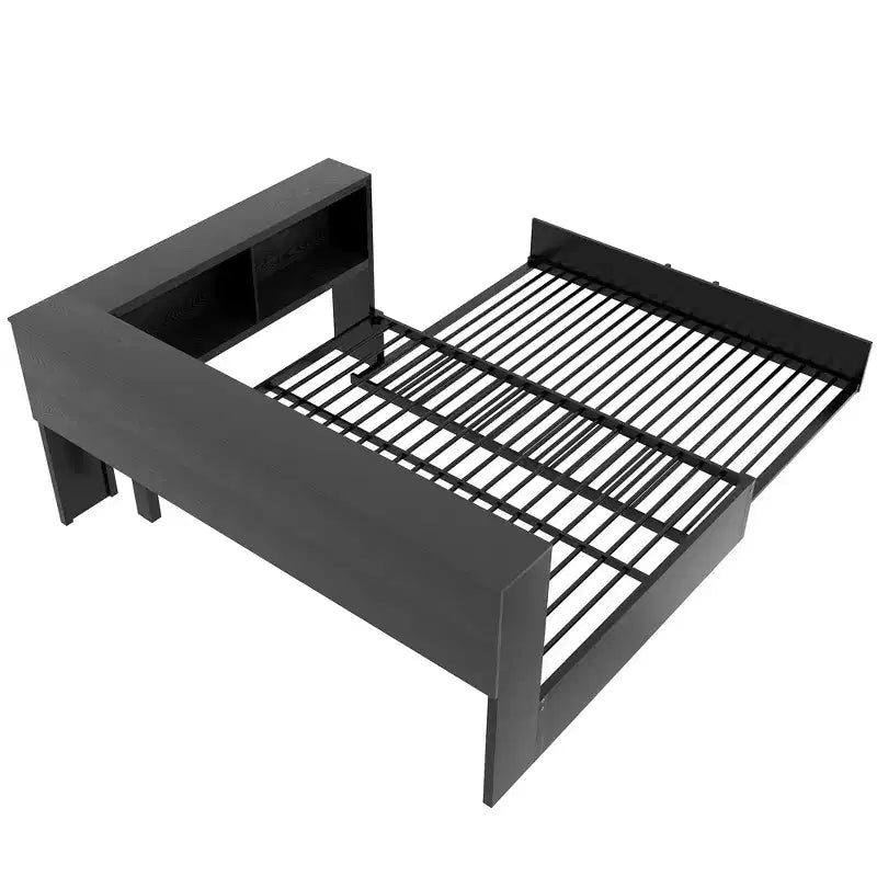 Divano letto matrimoniale con rotelle ed libreria, divano letto a L con porte USB, letto ad angolo matrimoniale in legno con testiera portaoggetti