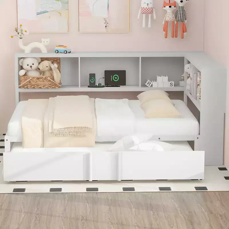 Divano letto matrimoniale con rotelle ed libreria, divano letto a L con porte USB, letto ad angolo matrimoniale in legno con testiera portaoggetti